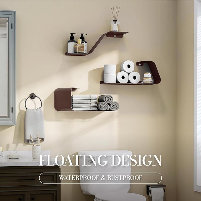 Floating Wall Shelves Set of 3, Metal Mounted Shelf with Unique Design, Bookshelf for Storage & Display in Bathroom, Bedroom, Kitchen, Living Room, Brown Home Decor