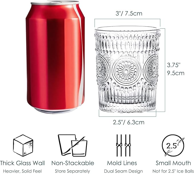 Kingrol 6 Pack 9 oz Romantic Water Glasses, Small Drinking Glasses Tumblers, Vintage Glassware Set for Juice, Beverages, Beer, Cocktail