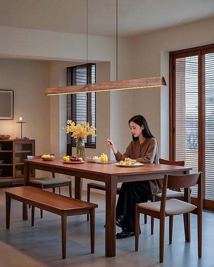 47" Wood Linear Pendant Light, Dimmable Kitchen Island Lighting with Remote, 30W LED Island Lights for Kitchen, Adjustable Linear Chandelier for Dinning Room Light Fixture, Bar, Pool Table - Walnut