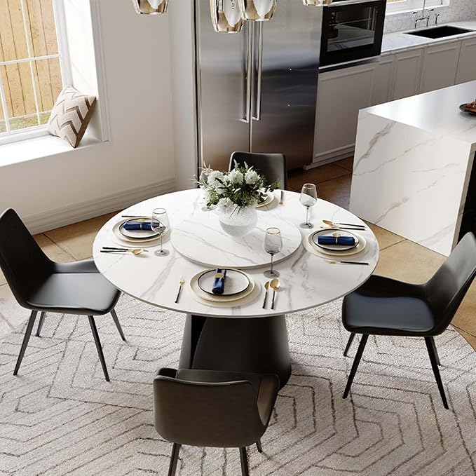 POVISON Round Dining Table for 4, 47" Modern Round Dining Table Built in Lazy Susan, Matte Sintered Stone Tabletop with Black Carbon Steel Pedestal, White