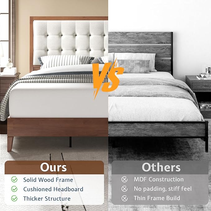 Jocisland Wood Full Size Bed Frame,Tall Upholstered Tufted Headboard, Solid Wood Platform, No Box Spring Needed, Walnut