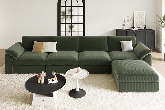 EASE MOOSE Oversized Sectional Sofa with Ottoman,Comfty L Shape Sectional Deep seat Modular Sofa,Cloud Couch for Living Room, Removable Cover,Green
