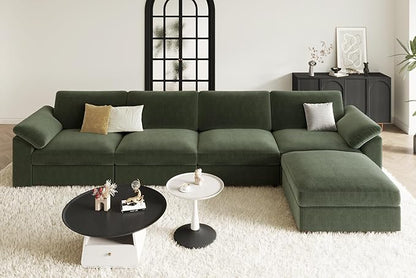 EASE MOOSE Oversized Sectional Sofa with Ottoman,Comfty L Shape Sectional Deep seat Modular Sofa,Cloud Couch for Living Room, Removable Cover,Green