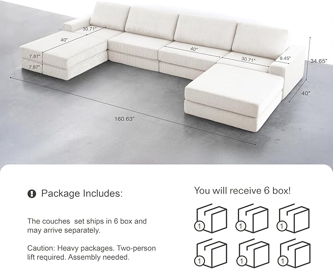 160.63‘’ Boneless Couch Cloud Modular Sectional Couches for Living Room, Oversize U-Shape Sofa with Deep Seat, Plush Corduroy 4-Seater with 2-Ottoman, No Assembly Required