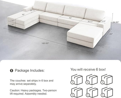 160.63‘’ Boneless Couch Cloud Modular Sectional Couches for Living Room, Oversize U-Shape Sofa with Deep Seat, Plush Corduroy 4-Seater with 2-Ottoman, No Assembly Required