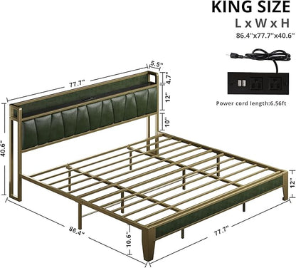 LIKIMIO King Bed Frame, Storage Headboard with Charging Station, Solid and Stable, Noise Free, No Box Spring Needed, Easy Assembly (Dark Green)