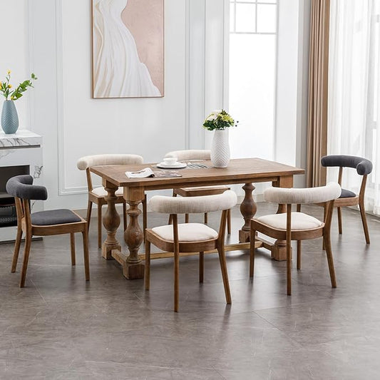 Wood Dining Chairs Set of 6, Mid Century Modern Living Room Chairs with Unique Curved Open Back Comfy Linen Upholstered Side Chair for Kitchen/Restaurant/Reception, Beige