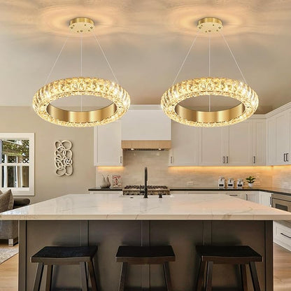 16" Ring Modern LED Dimmable Crystal Chandelier Adjustable Height Pendant Light Round Crystal Chandelier Light Fixtures for Dining Room Living Room Kitchen Island Gold