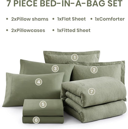 Monbix King Size Comforter Set, Sage Green King Size Bed Set Reversible 7 Pieces, Cationic Dyeing Bed in a Bag with Comforter, Sheets, Pillowcases & Shams