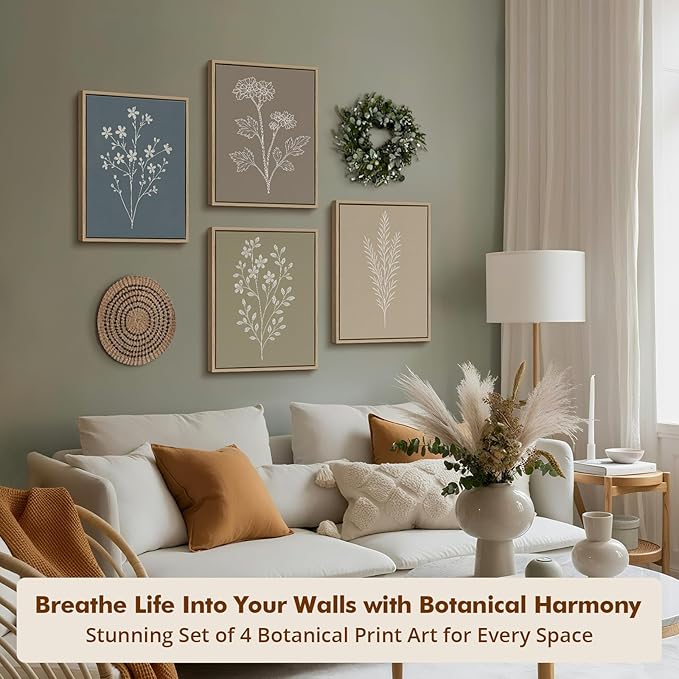 DAJONART Neutral Boho Botanical Wall Art Set of 4,Terracotta & Sage Green Abstract Prints Framed Canvas for Boho, Japandi, and Earth Tone Home Decor, Abstract Earth-Tone Botanical Canvas Art,11x14 in