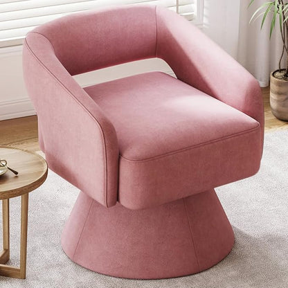 LINSY Swivel Barrel Chair, 360 Modern Swivel Accent Chair Boucle Swivel Chair Round, Pink Velvet Chairs with Arms, Small Barrel Chair for Small Spaces Bedroom Living Room