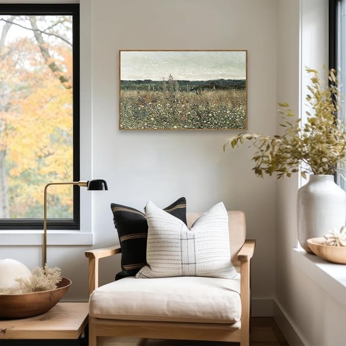 KBKBART Framed Canvas Print Wall Art, Vintage Wall art Wildflower Field Vintage Print, Neutral Country Meadow Landscape Nature Painting Rustic Farmhouse Decor, Retro Botanical Bathroom Wall Decor for