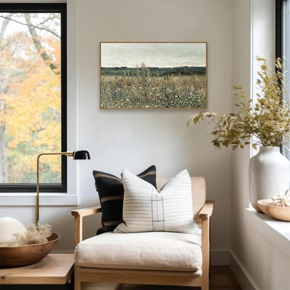 KBKBART Framed Canvas Print Wall Art, Vintage Wall art Wildflower Field Vintage Print, Neutral Country Meadow Landscape Nature Painting Rustic Farmhouse Decor, Retro Botanical Bathroom Wall Decor for