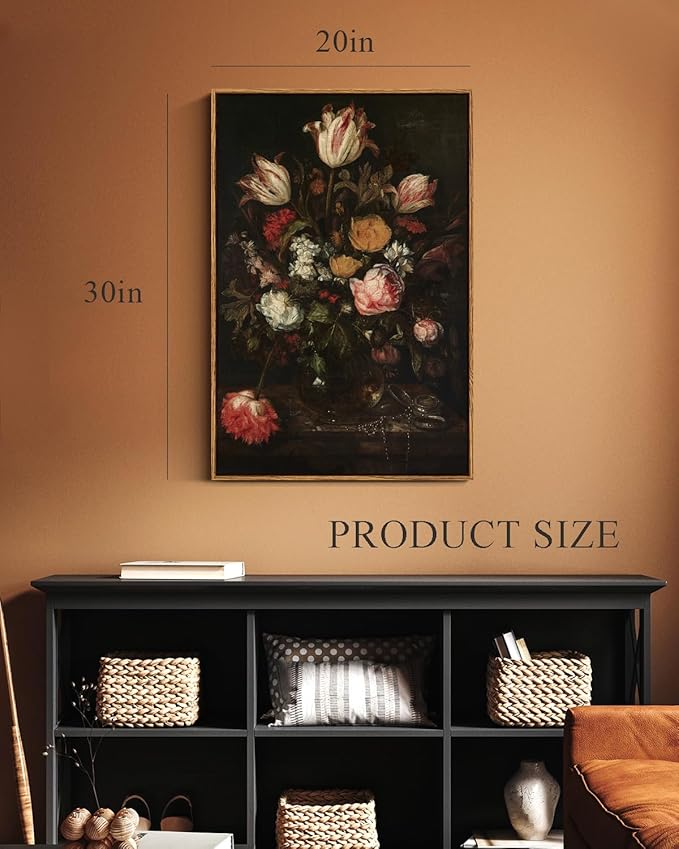 ARPEOTCY Large Framed Canvas Wall Art, Dark Roses Pictures Decor, 20x30Inch, Bathroom Bedroom Kitchen Vintage Floral Decor, Moody Farmhouse French Country Art