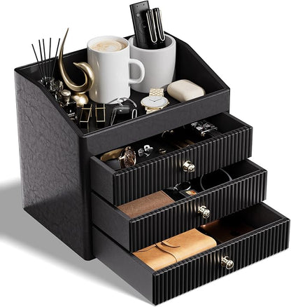 Desk Organizers and Accessories,Black Vegan Leather Desktop Organizer with 3 Drawers & Tray for Bedroom,Bathroom,Lipstick,Nail Polish,Skincare,Perfume,Jewelry Box