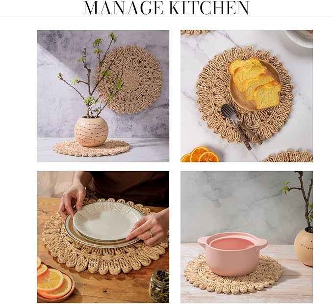 13.8" Set of 12 Round Corn Husk Placemats | Boho Wovean Rattan Table Mats | Farmhouse Wicker Spring Plate Chargers Like Water Hyacinth, Seagrass Table Mats