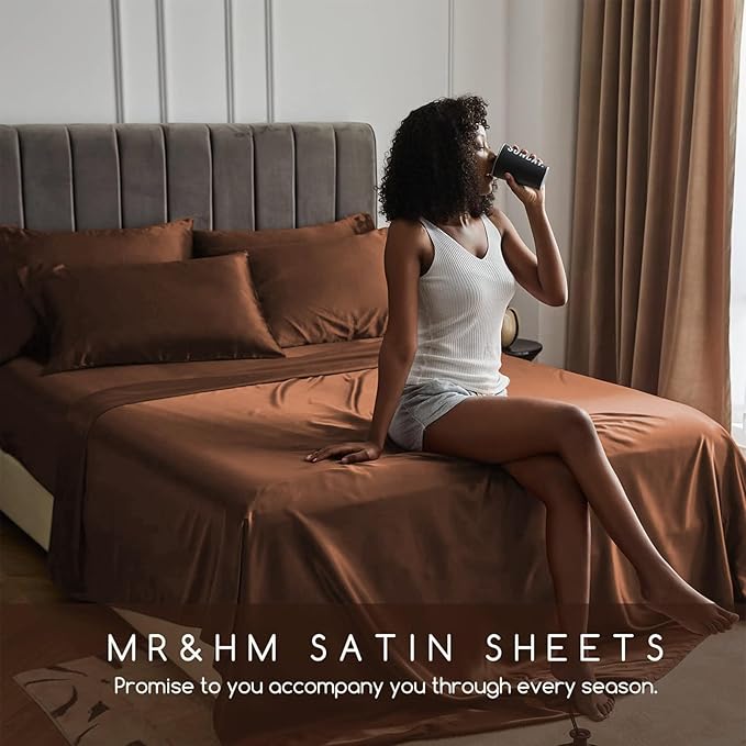 MR&HM Satin Bed Sheets, Full Size Sheets Set, 4 Pcs Silky Bedding Set with 15 Inches Deep Pocket for Mattress (Full, Brown)