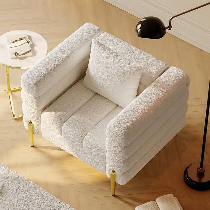 homary White Accent Chair, Mid Century Boucle Upholstered Armrest Chair for Bedroom, Comfy for Living Room, Reading, Office (White)