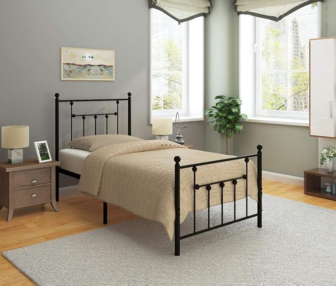 Golden Gate Beds Victorian Style Metal Platform Bed Frame with Antique Wrought Iron-Art Headboard and Footboard, Classic Cama Steel Mattress Foundation, No Box Spring Needed, Twin Size, Black Finish