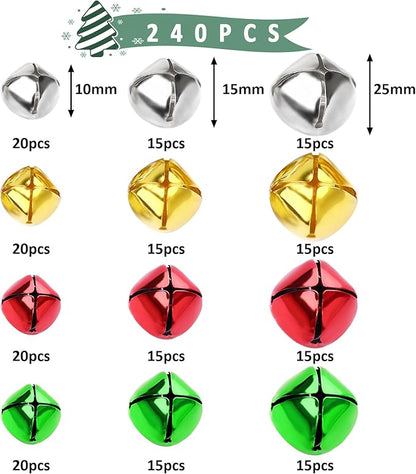Augshy 240 Pieces Colorful Jingle Bells 4 Colors Mixed Craft Bell Bulk for Christmas Home and Pet Decorations Xmas Decor Party Favors Supplies (0.4/0.6/1 inch)