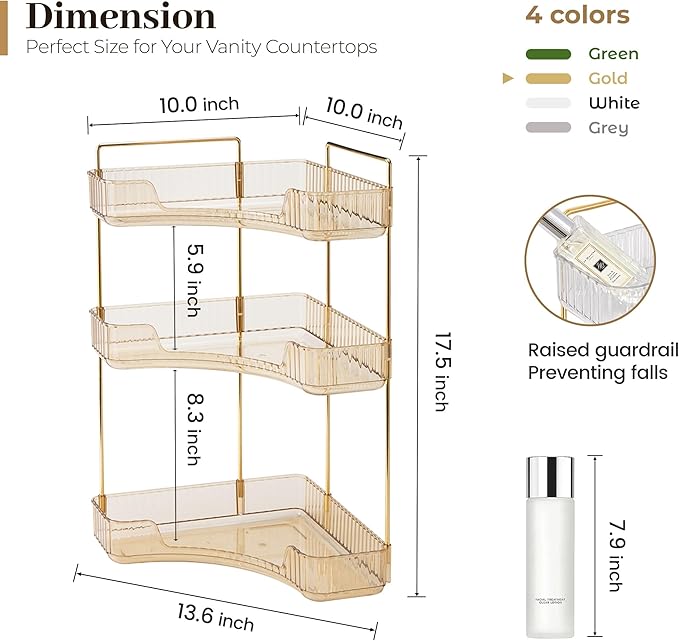 Aveniee Corner Bathroom Counter Organizer, Bathroom Countertop Shelf Makeup Organizer for Vanity Perfume Corner Storage (3 Tiers, Gold)