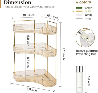 Aveniee Corner Bathroom Counter Organizer, Bathroom Countertop Shelf Makeup Organizer for Vanity Perfume Corner Storage (3 Tiers, Gold)