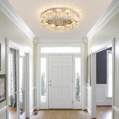 Modern Chandelier for Living Room, 24in Flush Mount Crystal Ceiling Light Fixture Chrome Large Raindrop Chandelier Lighting Fixture for Dining Room Living Room Bedroom Kitchen