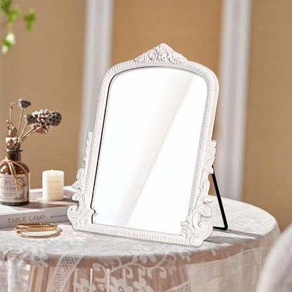 11.8" x 9.6" Small White Arched Vanity Mirror, Vintage Makeup Mirror Baroque Style Arendahl Carved Mirror with Frame for Desk Decorative Table Aesthetic