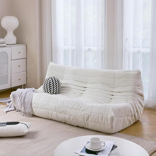 N&V Fireside 3 Seater Sofa Mid Century Armless Twin Floor Sofa Corduroy Lounge Chair Foam Accent Chair, Ivory