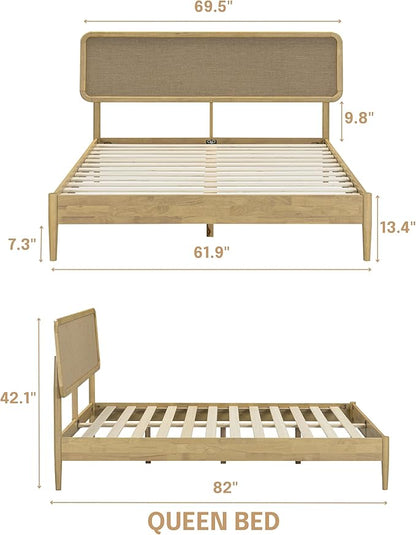 NTC Lupin Wooden Bed Frame with Headboard, Solid Oak and Rubber Wood Foundation with Silent Slats and Wood Central Supports, 1000 Lb Capacity, Queen - Sand