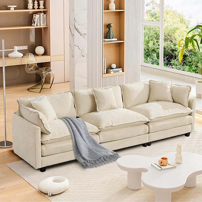 SoarFlash 107.4" Chenille Sectional Sofa, Comfy Modular Loveseat Sofa, Modern 3-Seat Couch Deep Seat Sofa Set for Living Room,Beige