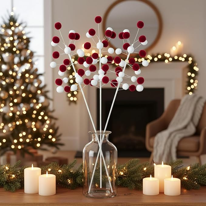 6 Pcs Red White Pom Poms Christmas Decorations & Felt Christmas Picks and Sprays DIY Xmas Tree Toppers, Festive Tree Filler & Decor (Redwhite)