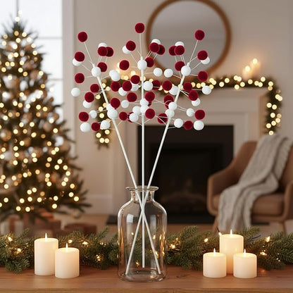 6 Pcs Red White Pom Poms Christmas Decorations & Felt Christmas Picks and Sprays DIY Xmas Tree Toppers, Festive Tree Filler & Decor (Redwhite)