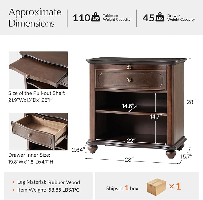 HULALA HOME Wooden Nightstand with Pull-Out Shelf, Mid Century Modern Nightstand with Solid Wood Drawers and Legs, Adjustable Storage, Walnut
