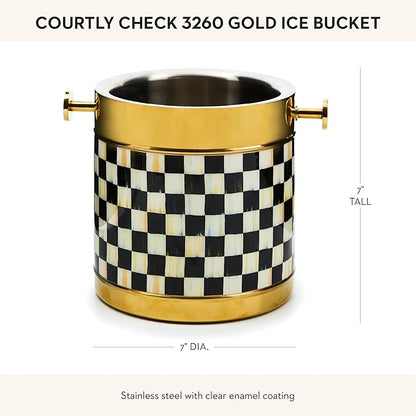 MACKENZIE-CHILDS 3260 Ice Bucket, Decorative Stainless-Steel Bucket and Ice-Cube Bin, Black-and-White Courtly Check Gold