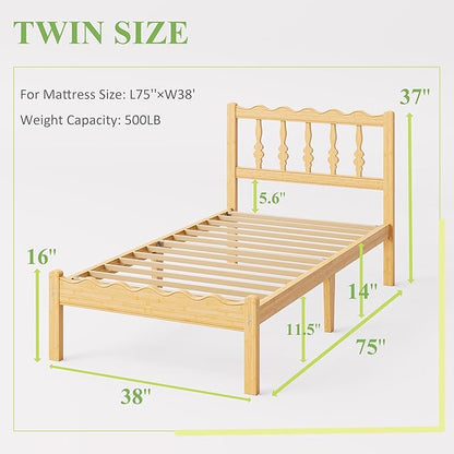 ZIYOO Solid Bamboo Wood Bed Frame Twin with Headboard, 14 inch Platform Bed Frames Twin Size No Box Spring Needed with Steel Slats, Sturdy and Stable, Easy Assembly, Noise Free