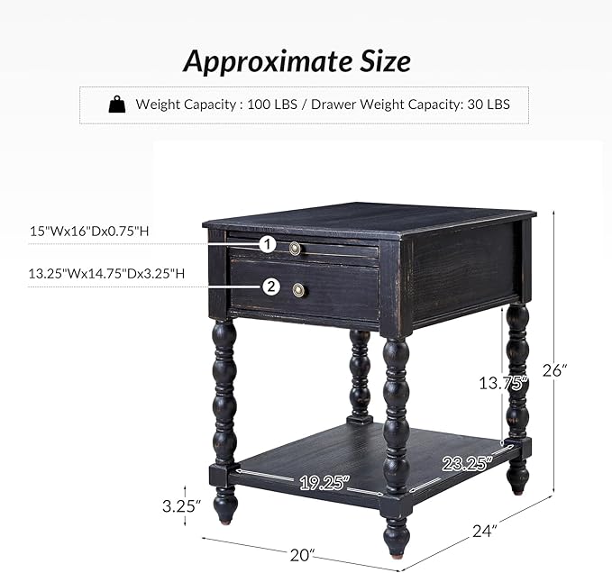 HULALA HOME Spindle Nightstands with Charging Station, Solid Wood Nightstand with Drawer Shelf, Side Table with Pull-Out Shelf (Charcoal)