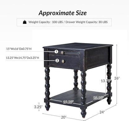 HULALA HOME Spindle Nightstands with Charging Station, Solid Wood Nightstand with Drawer Shelf, Side Table with Pull-Out Shelf (Charcoal)