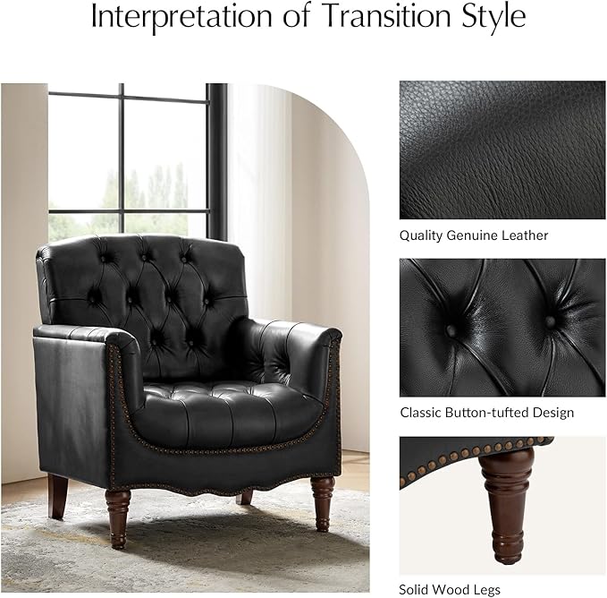 HULALA HOME Mid Century Modern Leather Club Chairs, Top-Grain Genuine Leather Armchairs with Button-Tufted Back & Solid Wood Legs, Accent Chairs for Living Room/Bedroom/Home Office, Black