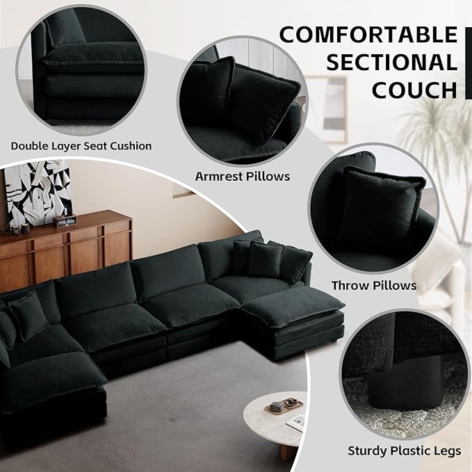 SoarFlash Chenille Sectional Sofa, Comfy L/U Shaped Modular Coush Sofa with Ottoman, Modern 4 Seat Couch Deep Seat Sofa Set for Living Room,Black