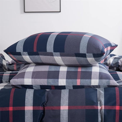 CLOTHKNOW Navy Plaid California King Comforter Set Tartan Bedding Comforter Sets All Season Soft Blue White Grey Grid Comforter with 2 x Pillow Cases