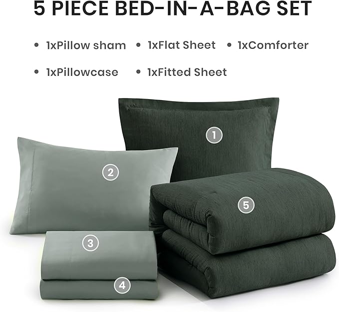 Monbix Twin XL Comforter Set Deep Forest, Cationic Dyeing Bedding Set Reversible 5 Pieces, All Season Bed in a Bag with Comforter, Sheets, Pillowcase & Sham