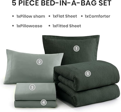 Monbix Twin XL Comforter Set Deep Forest, Cationic Dyeing Bedding Set Reversible 5 Pieces, All Season Bed in a Bag with Comforter, Sheets, Pillowcase & Sham