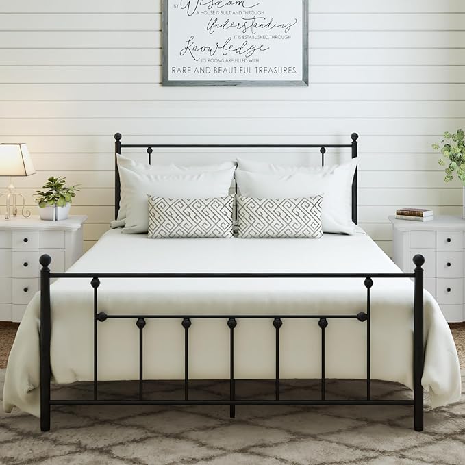 Golden Gate Beds Victorian Style Metal Platform Bed Frame with Antique Wrought Iron-Art Headboard and Footboard, Classic Cama Steel Mattress Foundation, No Box Spring Needed, Queen Size, Black Finish