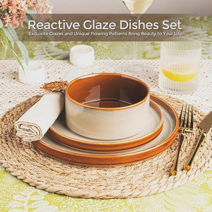 LERATIO Ceramic Dinnerware Sets for 4,Round Reactive Glaze Ceramic Plates and Bowls Set,Highly Chip and Crack Resistant | Dishwasher & Microwave Safe Dishes Set,Service for 4 (12pc)-Kahki