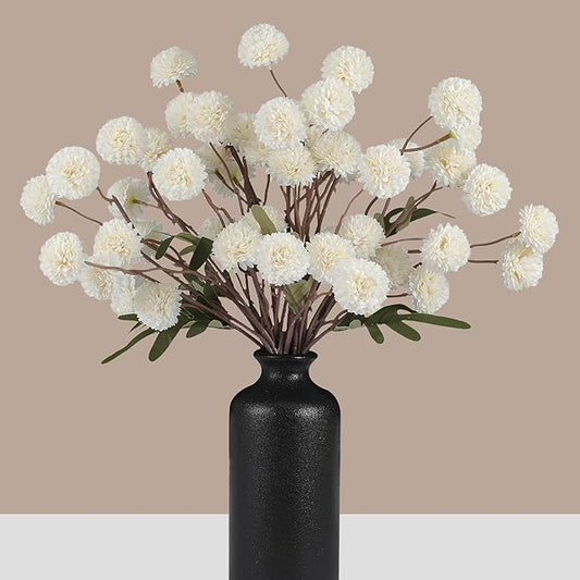 Faux White Kiku Flowers 10 Stems & 2 Eucalyptus,Fake Mums Flower Autumn Artificial Chrysanthemums Mini Ball Floral for Table Centerpieces,Silk Fall Faux Mums Flower for Vase Wedding Arrangements Decor