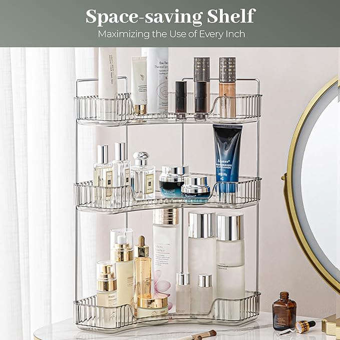 Aveniee Corner Bathroom Counter Organizer, Bathroom Countertop Shelf Makeup Organizer for Vanity Perfume Corner Storage (3 Tiers, Grey)