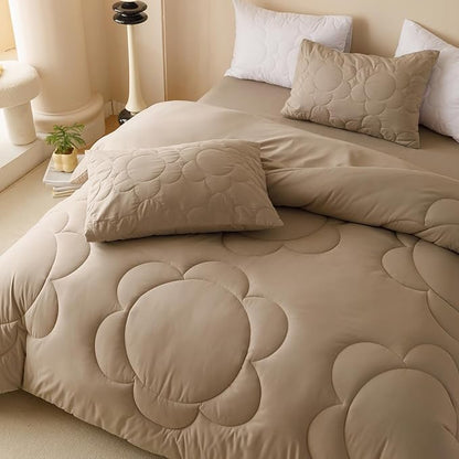 CLOTHKNOW Khaki King Comforter Set 3Pcs Daisy Puff Bedding Comforter Sets Brown Boho Comforters Soft Taupe Comforter with 2 x Pillowcases