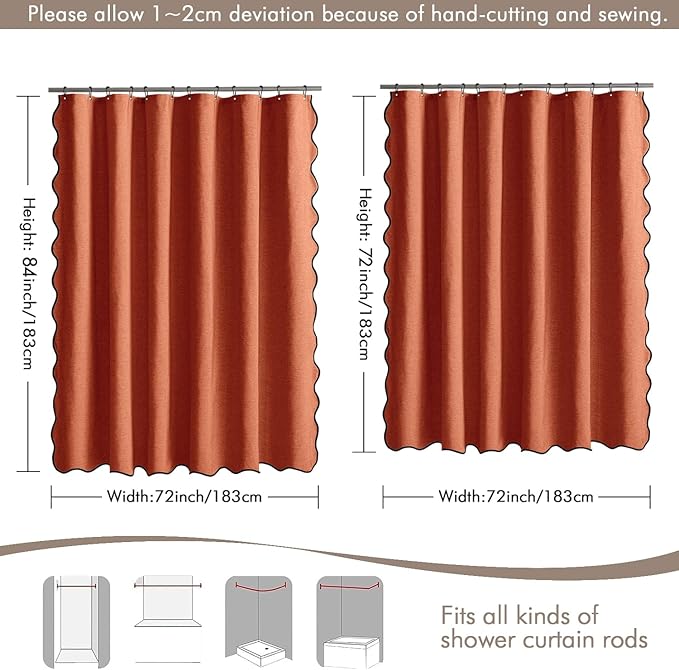 MIULEE 84" Long Scalloped Shower Curtain Linen Textured with 12 Metal Hooks Cute Extra Long Heavy Duty Washable Waterproof Cloth Curtains with Black Border for Bathroom Hotel Bathtub,Burnt Orange