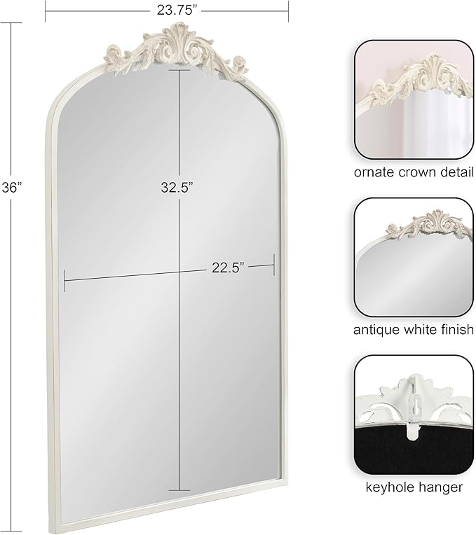 Kate and Laurel Arendahl Traditional Arch Wall Mirror; 24 x 36; Antique White; Vintage Glam Baroque-Inspired Arched Bathroom Vanity Mirror with Ornate Crown